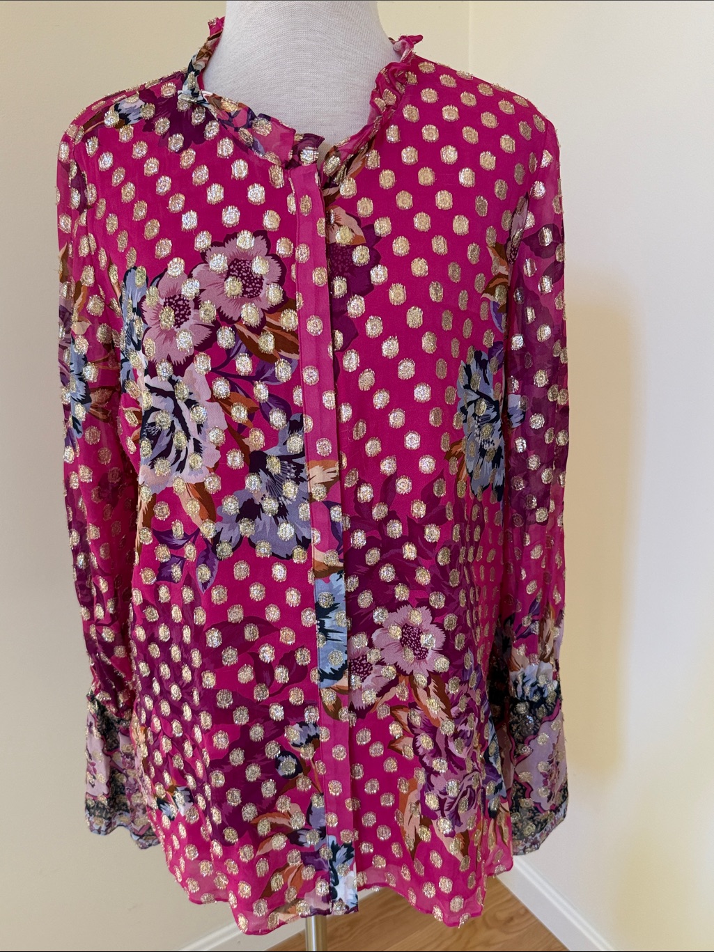 Kobi Halperin Large Pink Metallic Dots Ruffled Front Button Floral Blouse.